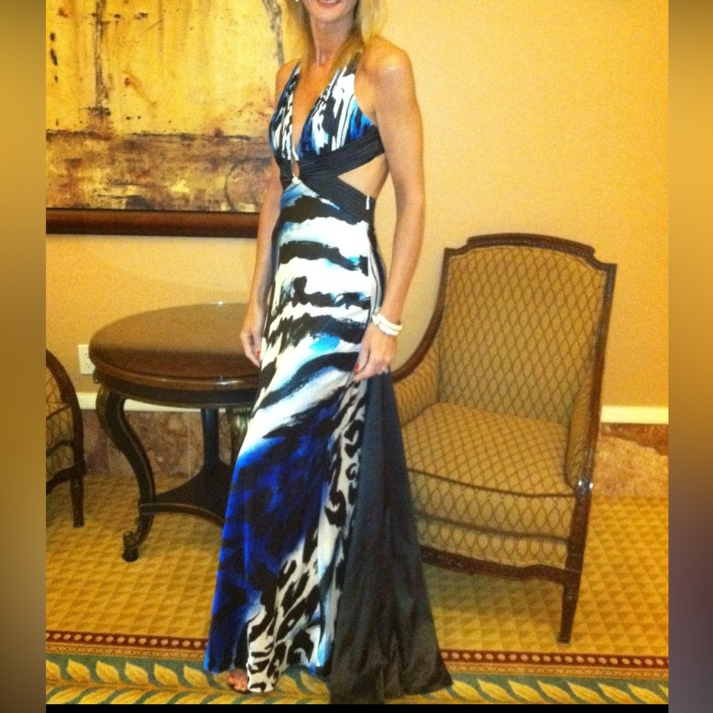 Y2K Cache Blue Black Animal Print Halter
Gown Prom Cocktail Dress Size 8